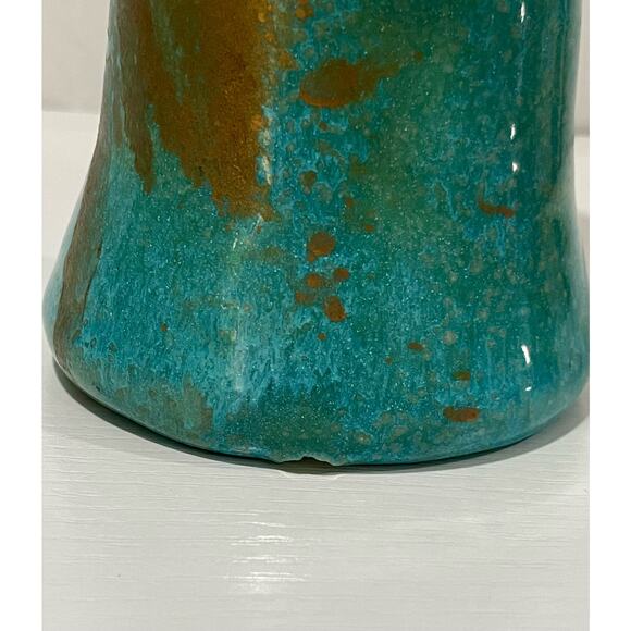 Pisgah Forest Pottery 1950's Trumpet 6.75" Tall Turquoise Gold Vase with Pink - Picture 9 of 14